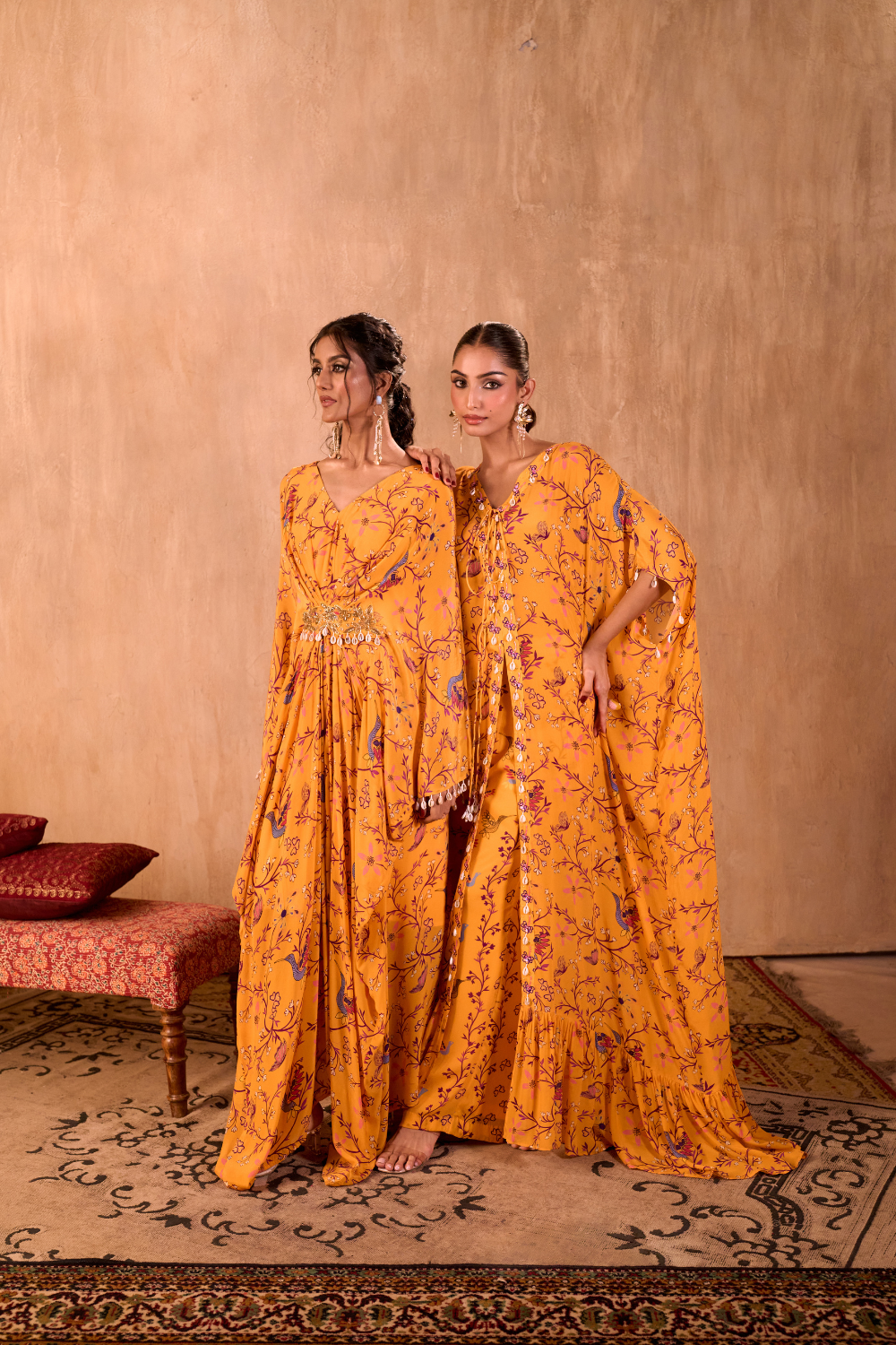 YELLOW PRINT EMBROIDERED LONG KAFTAN WITH PANTS SET