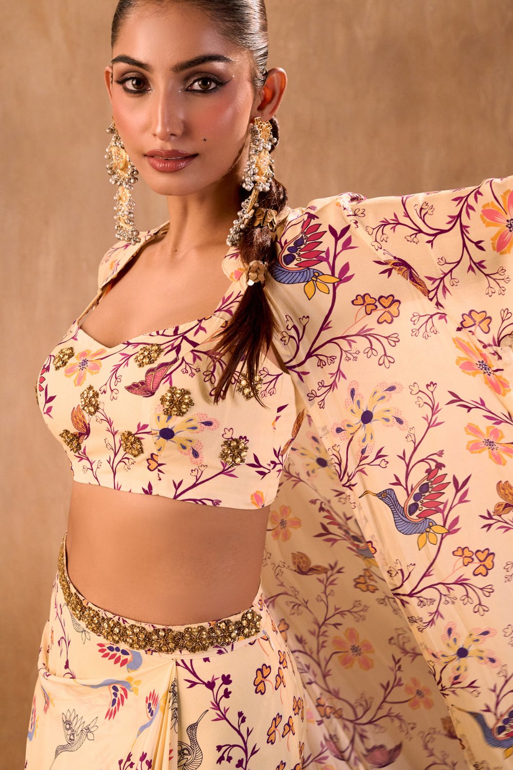 IVORY PRINT EMBROIDERED CHOLI, DRAPED SKIRT AND JACKET SET