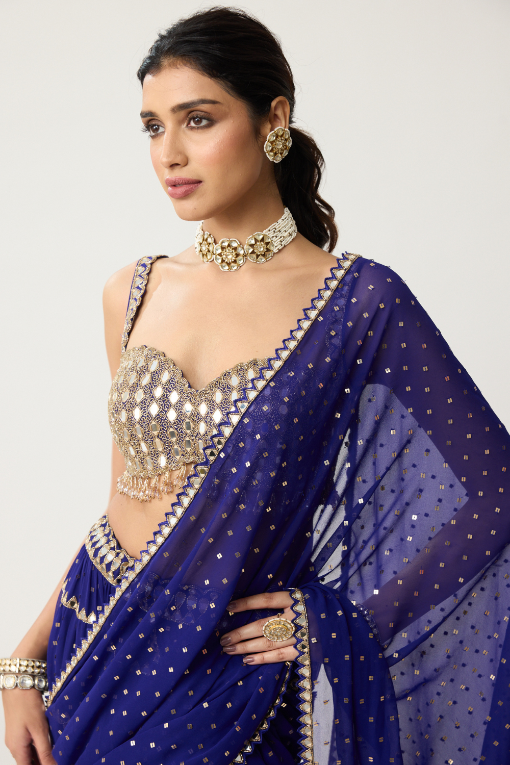 Persian Blue Multi-tier Mirror Saree Set
