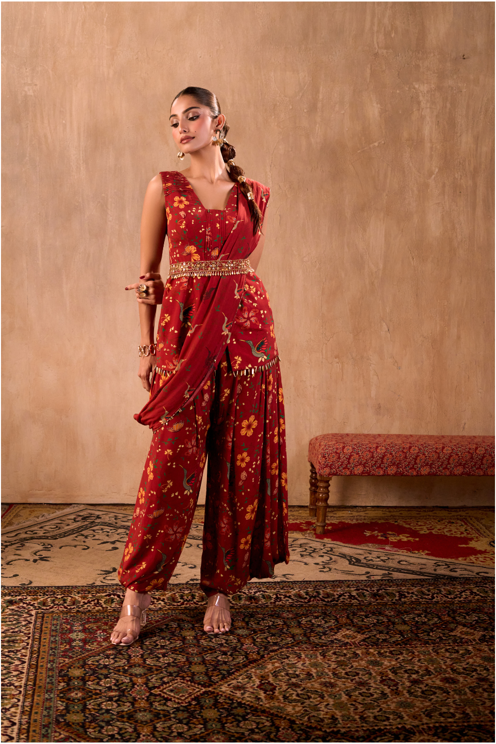 RED PRINT EMBROIDERED PEPLUM TOP, DRAPED PANTS, DRAPE AND BELT SET