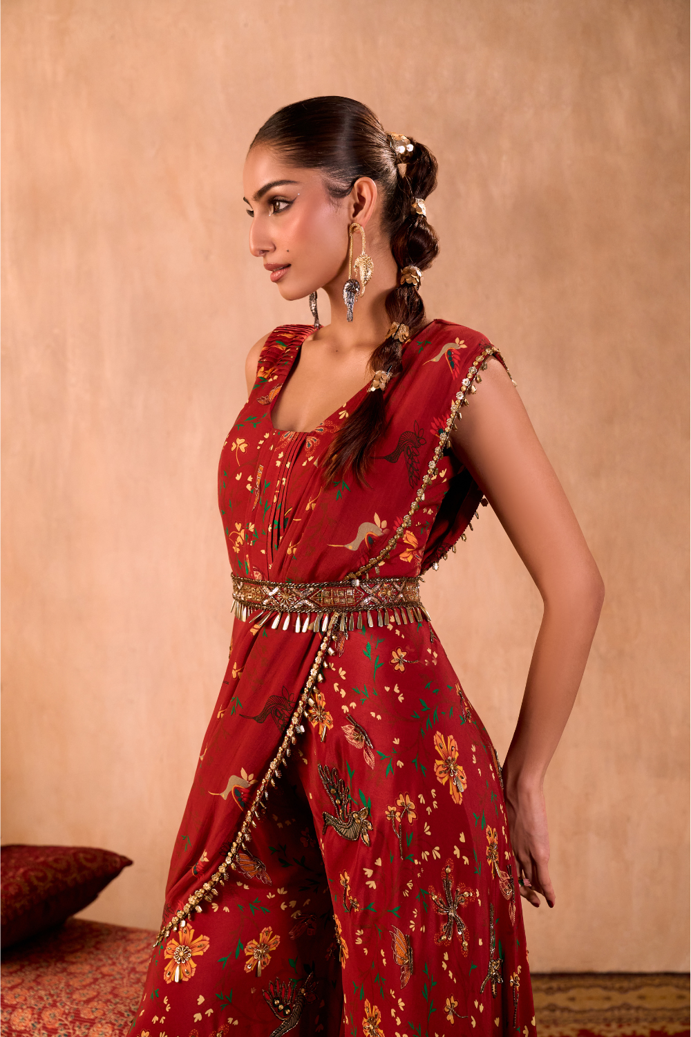 RED PRINT EMBROIDERED JUMPSUIT WITH DRAPE AND BELT SET