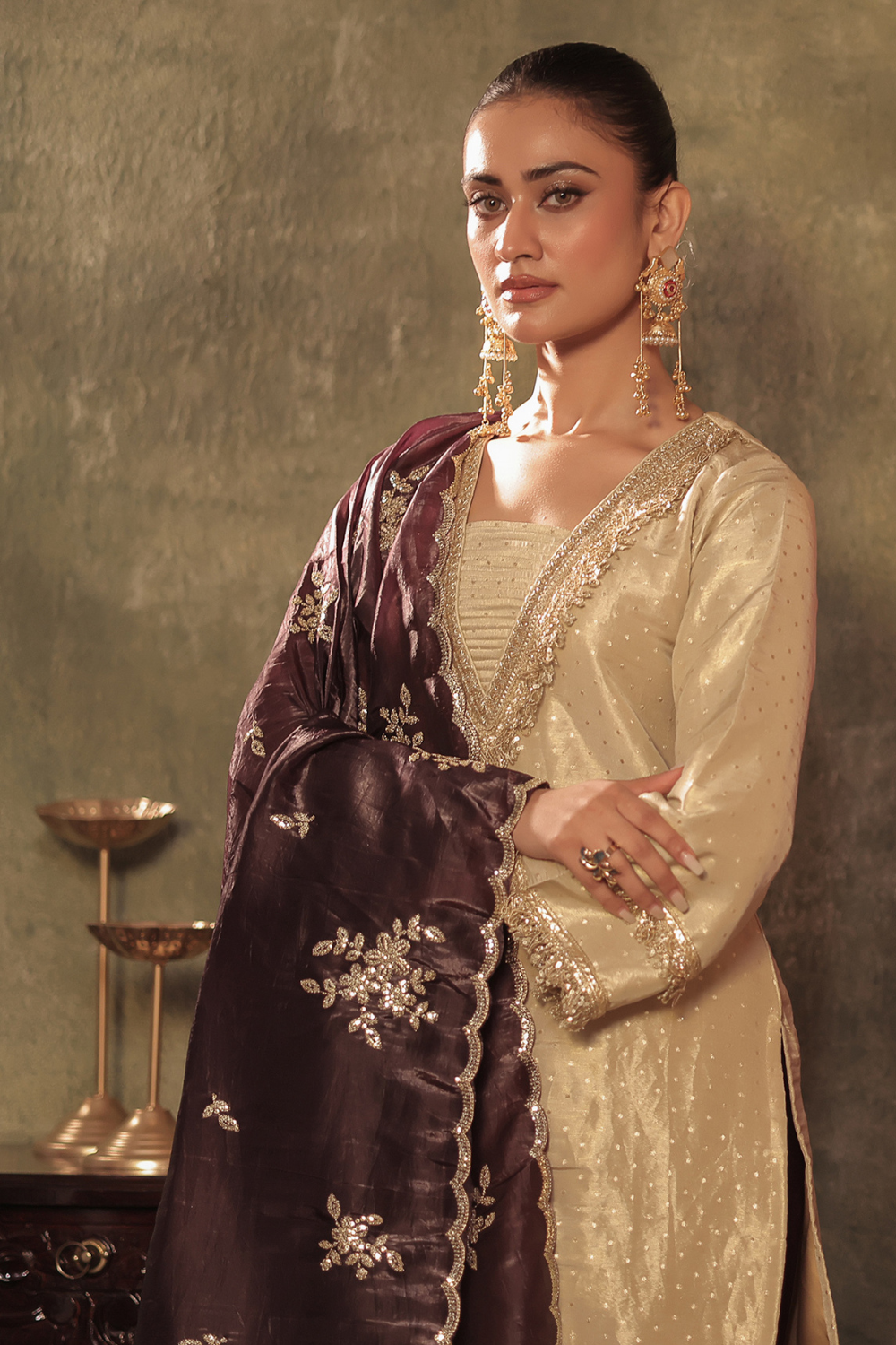 Tissue Kurta with Plum Farshi Set