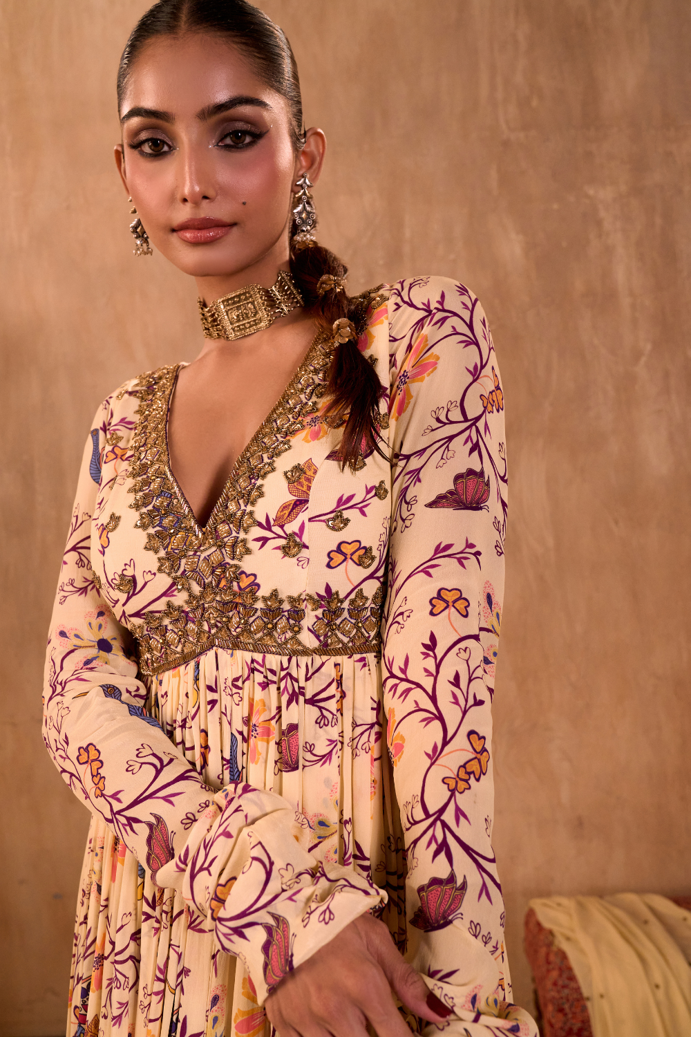 IVORY PRINT EMBROIDERED ANARKALI AND DUPATTA SET