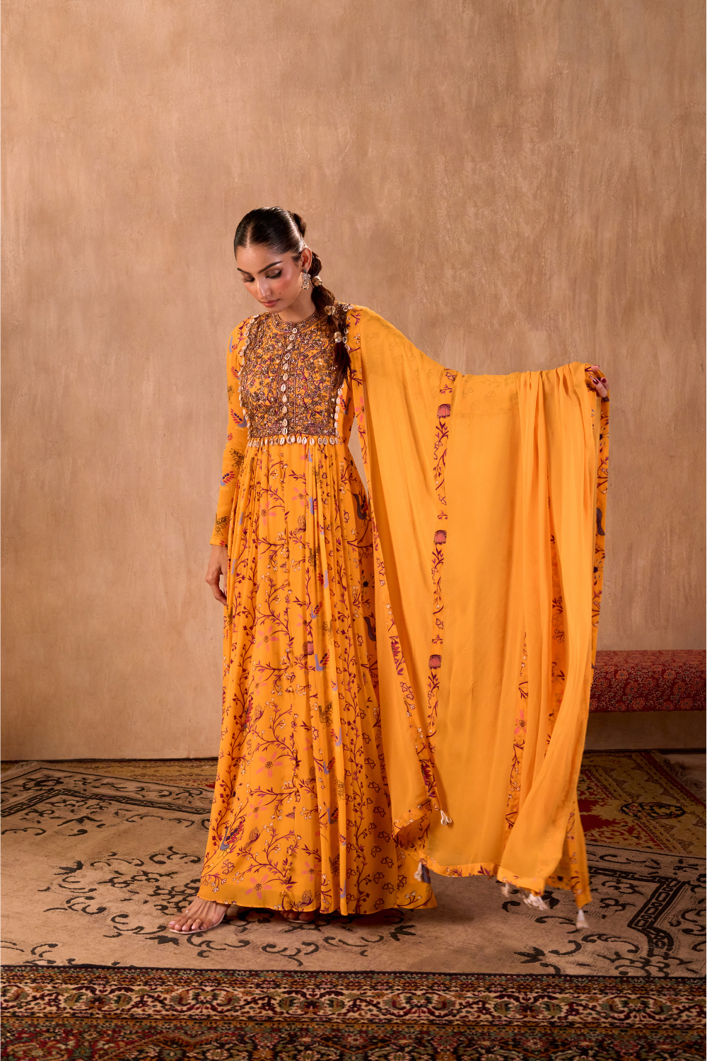 YELLOW PRINT EMBROIDERED ANARKALI AND DUPATTA SET