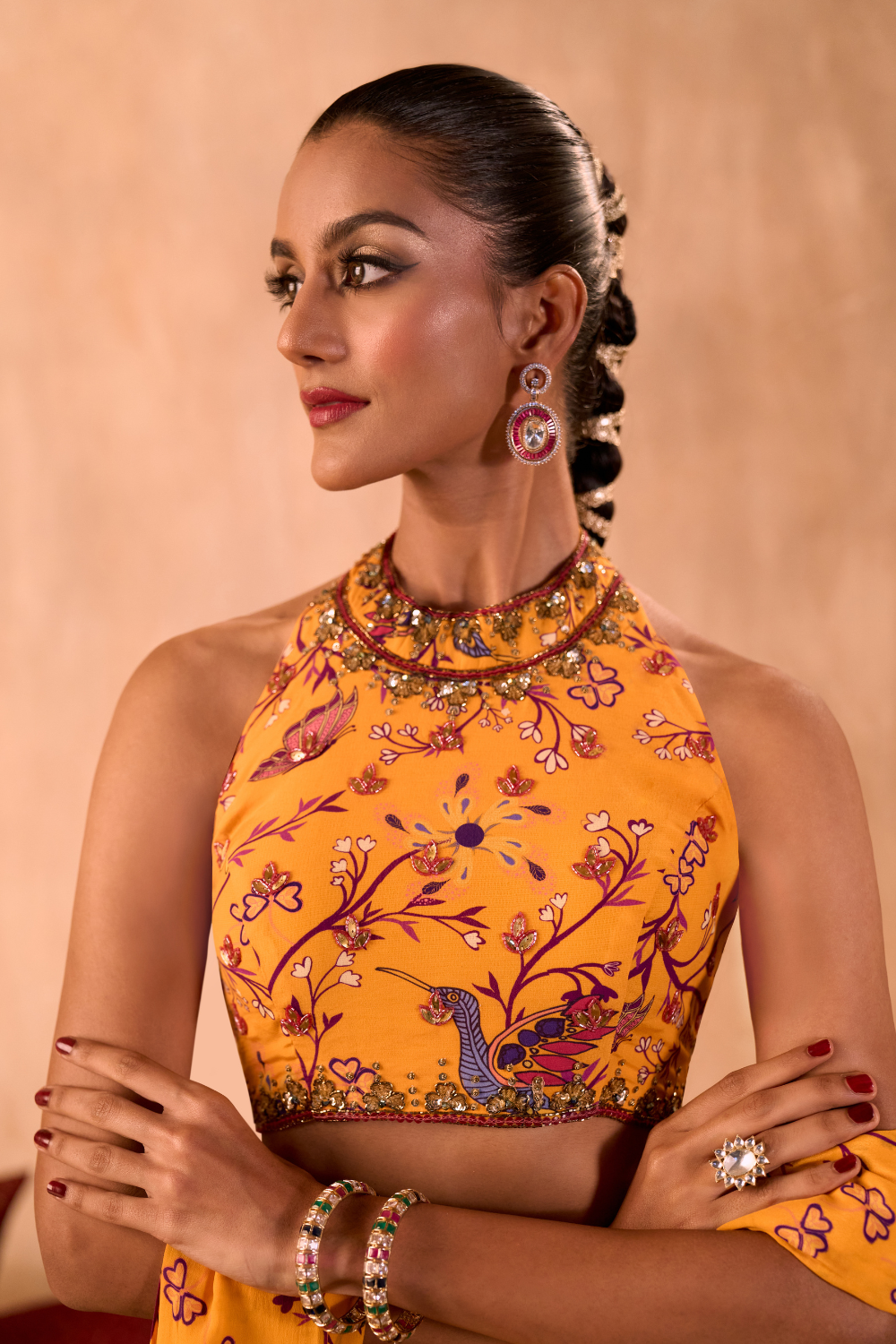 YELLOW PRINT EMBROIDERED HALTER CHOLI AND PREDRAPED SARI SET