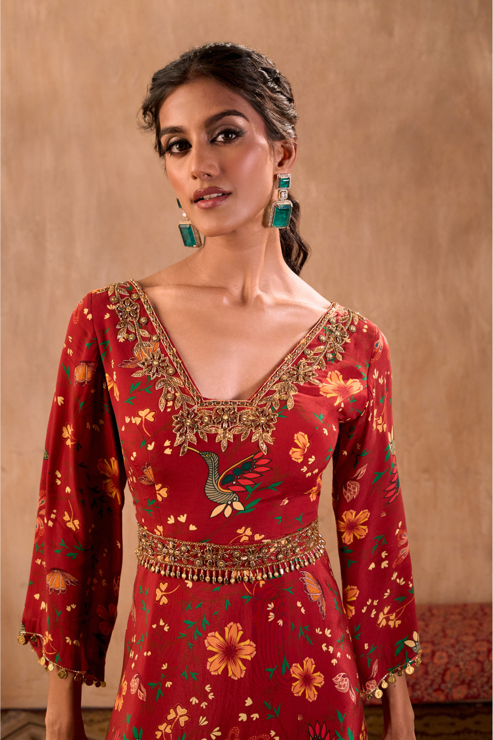RED PRINT EMBROIDERED ANARKALI WITH DUPATTA AND BELT SET
