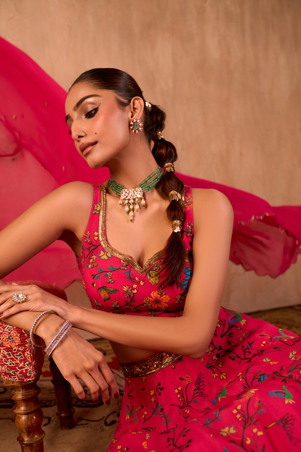 PINK PRINT EMBROIDERED CHOLI, LEHENGA AND DUPATTA SET