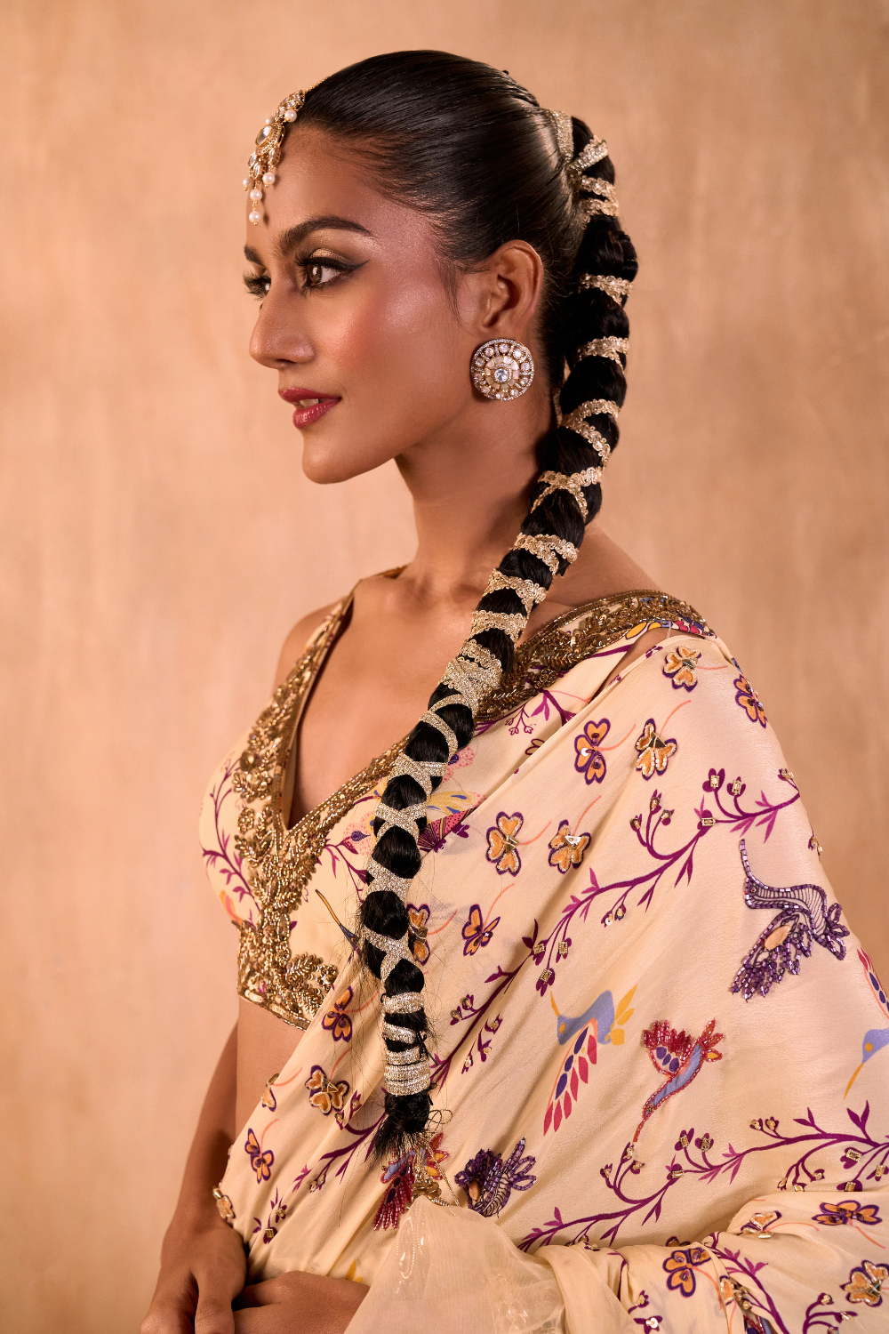 IVORY PRINT EMBROIDERED CHOLI WITH PRE DRAPED RUFFLE SARI SET