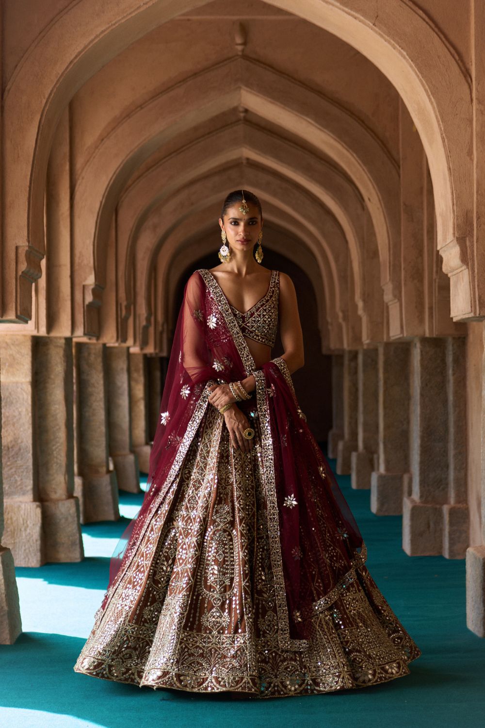 PRITHVI — Brown Raw Silk Lehenga Set with Contrast Maroon Blouse