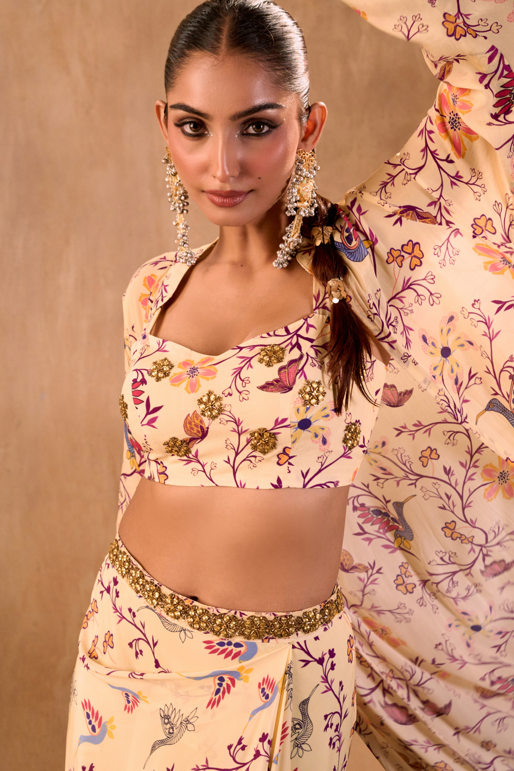 IVORY PRINT EMBROIDERED CHOLI, DRAPED SKIRT AND JACKET SET