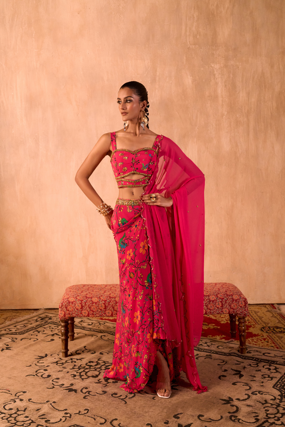 PINK PRINT EMBROIDERED CHOLI, DRAPED SKIRT AND DUPATTA SET