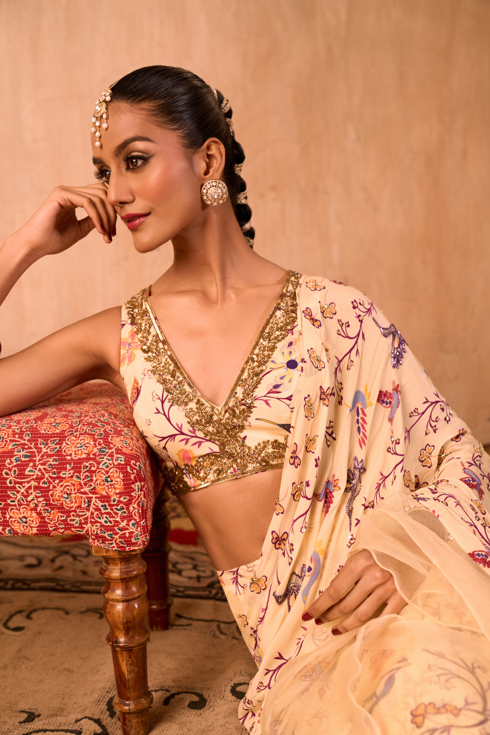IVORY PRINT EMBROIDERED CHOLI WITH PRE DRAPED RUFFLE SARI SET