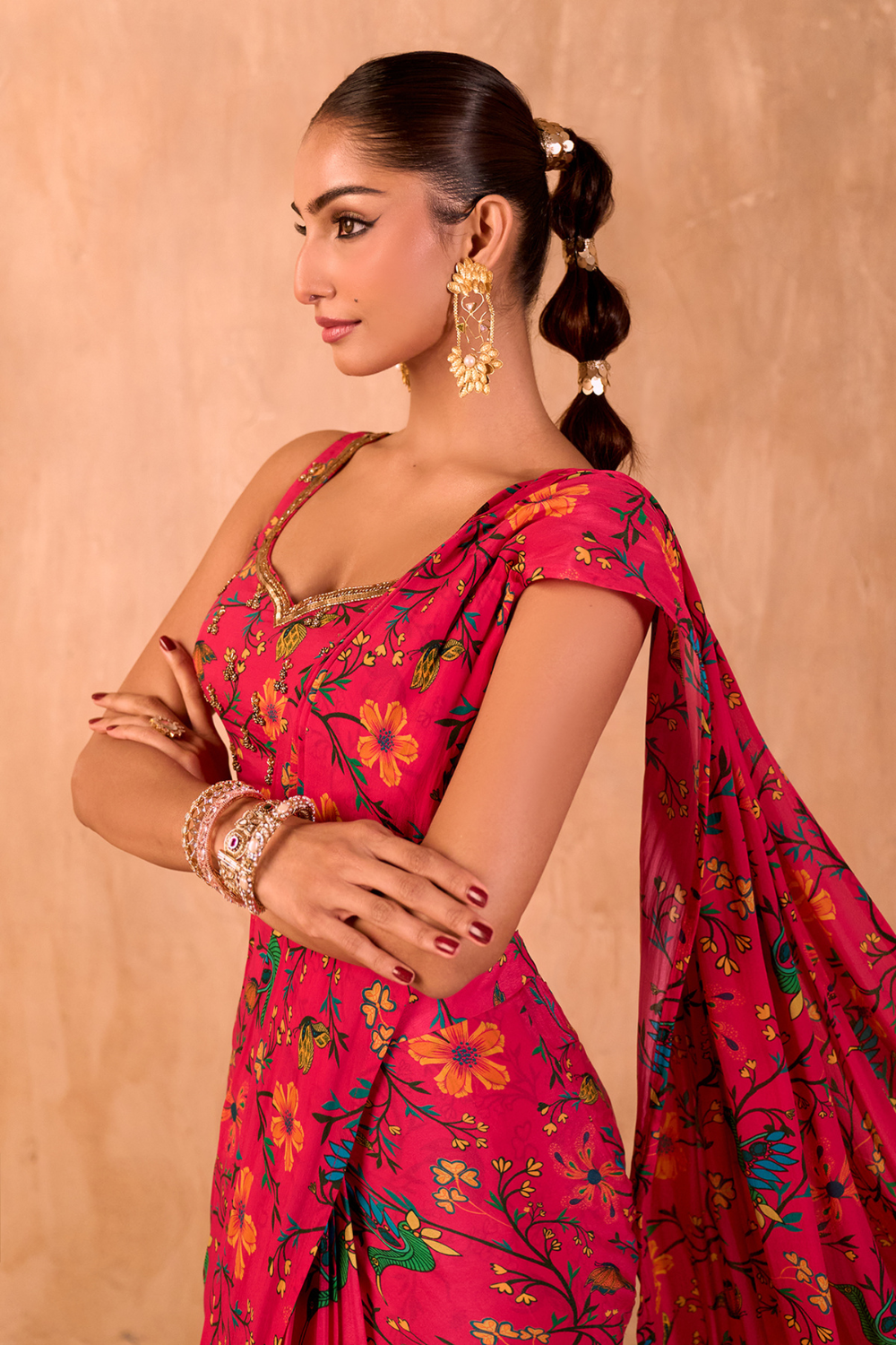 PINK PRINT EMBROIDERED CHOLI WITH PRE-DRAPED SARI SET