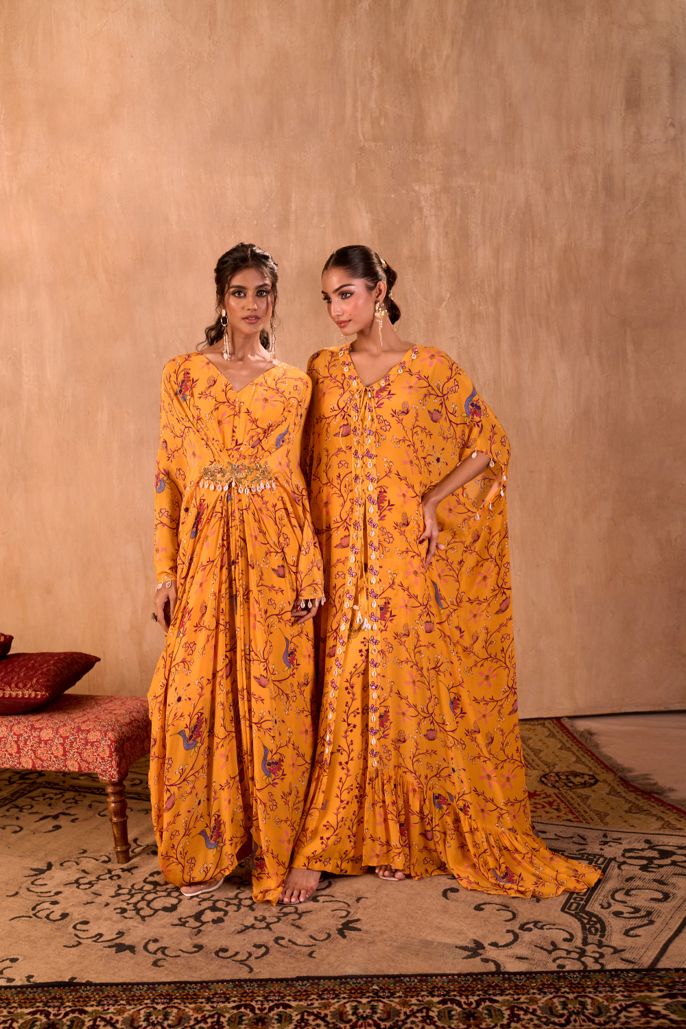 YELLOW PRINT EMBROIDERED LONG KAFTAN WITH PANTS SET