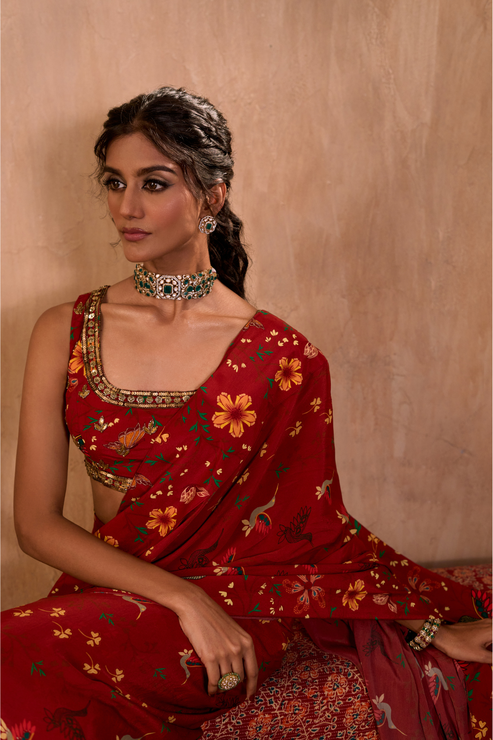 RED PRINT EMBROIDERED CHOLI WITH PRE-DRAPED SARI SET