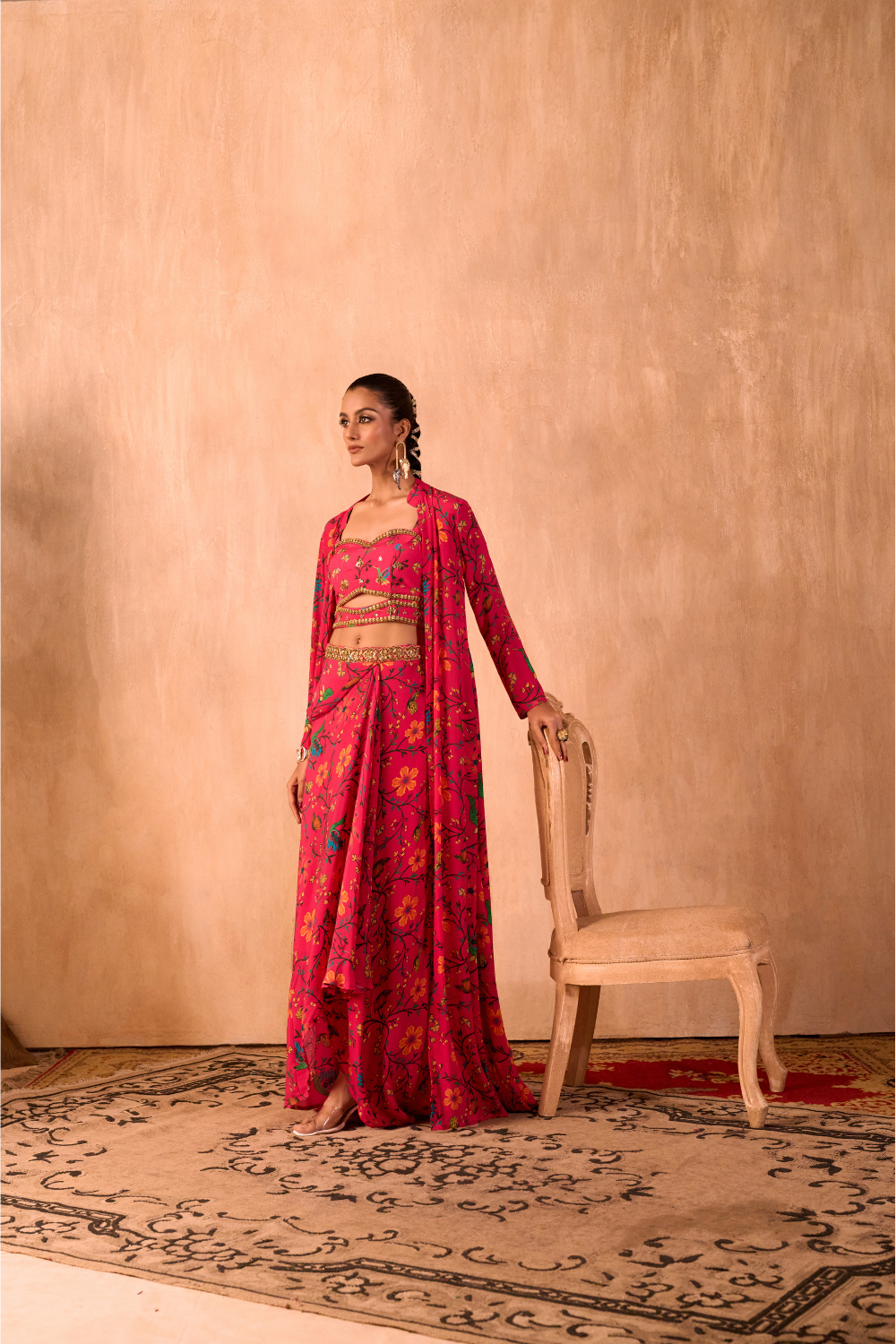 PINK PRINT EMBROIDERED CHOLI, DRAPED SKIRT AND JACKET SET