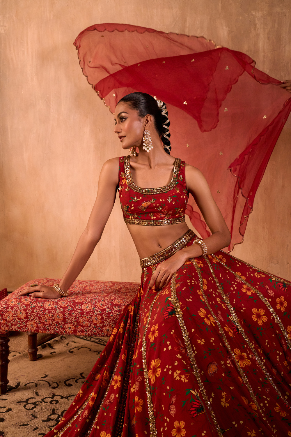 RED PRINT EMBROIDERED CHOLI, LEHENGA AND DUPATTA SET