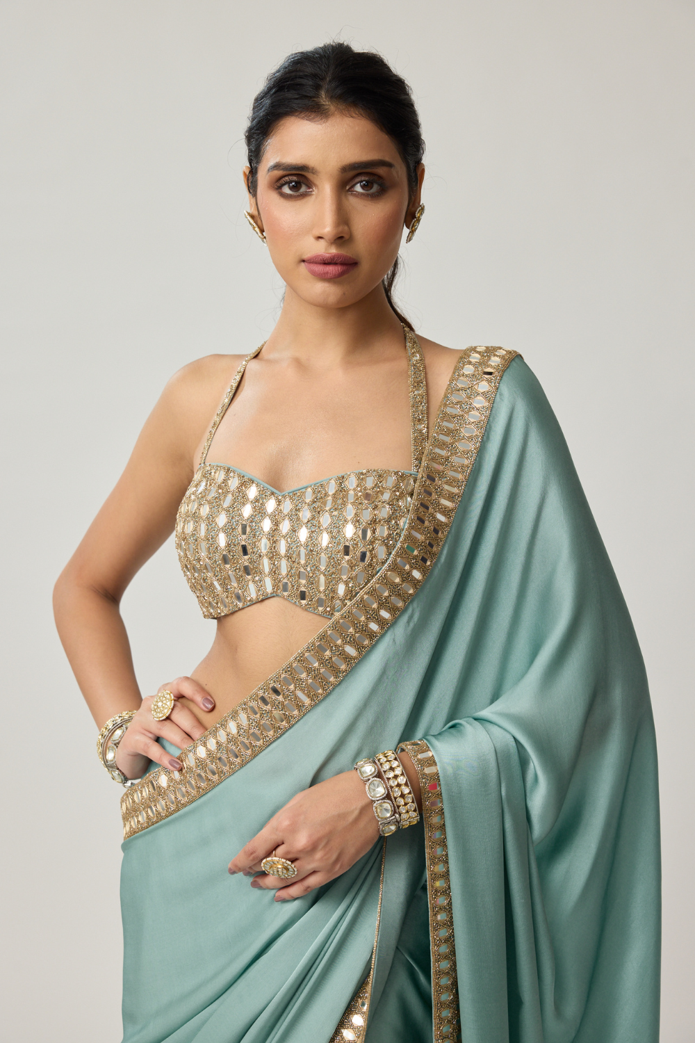 Powder Blue Mirror Satin Saree Set