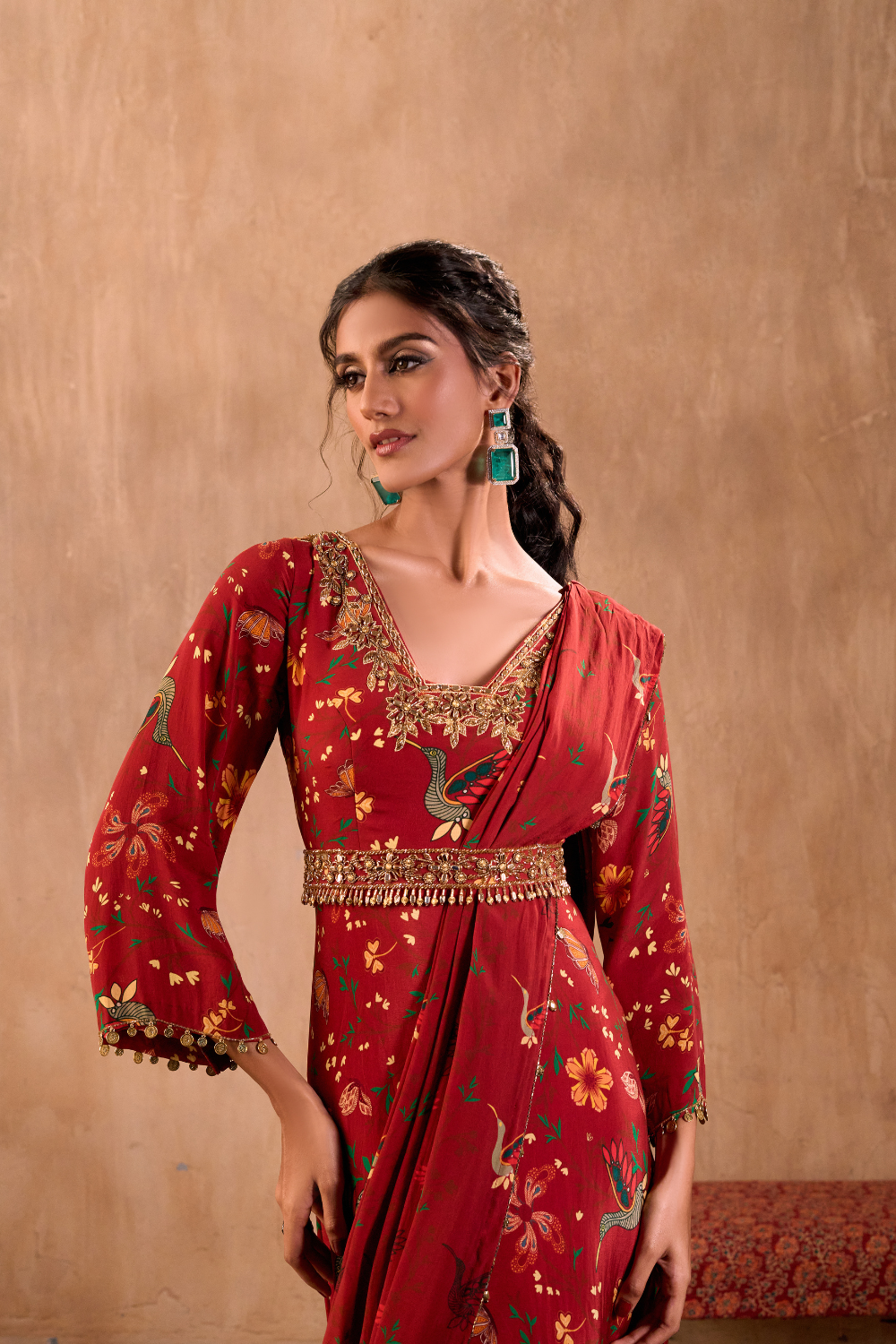 RED PRINT EMBROIDERED ANARKALI WITH DRAPE AND BELT SET