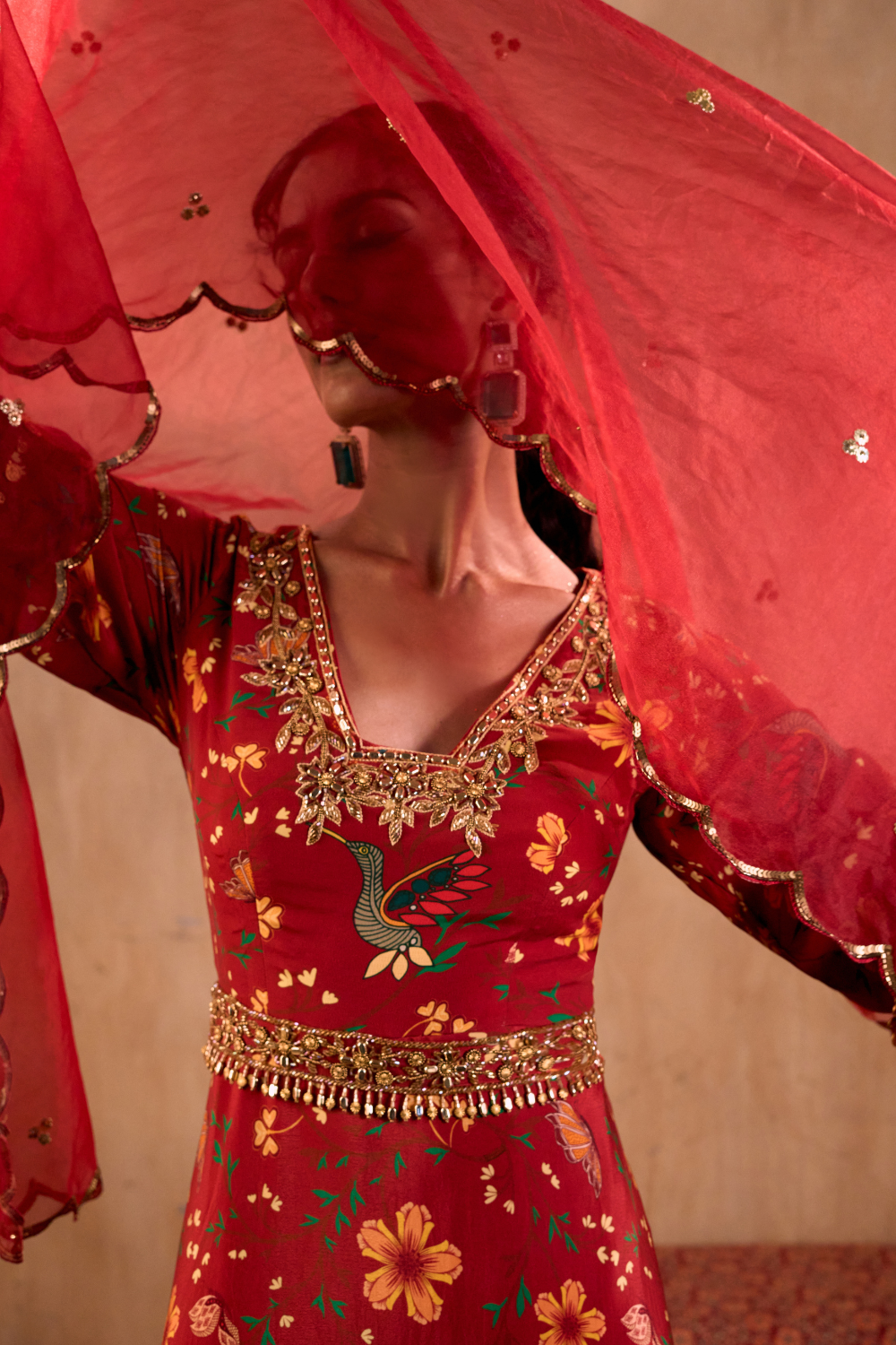 RED PRINT EMBROIDERED ANARKALI WITH DUPATTA AND BELT SET