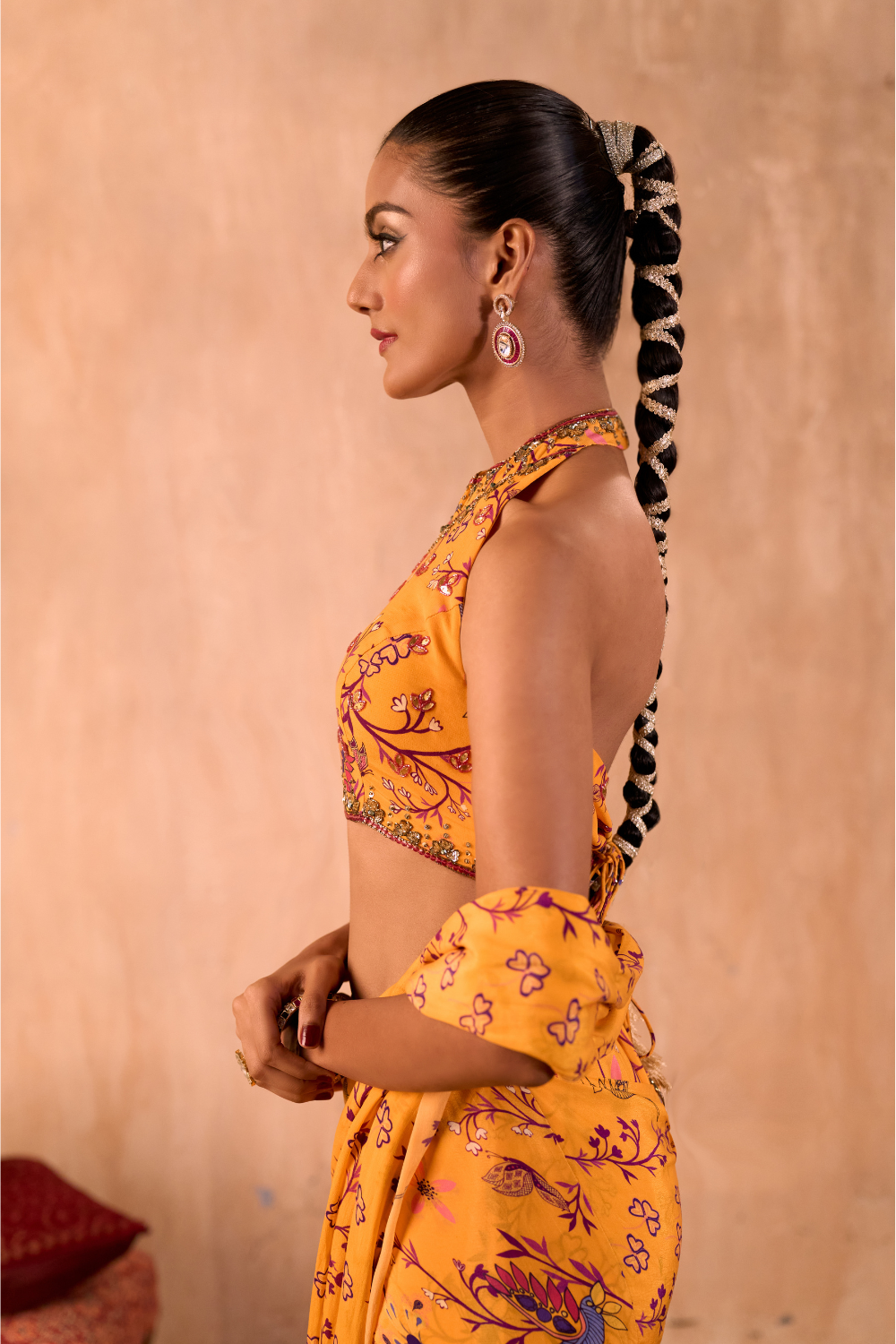 YELLOW PRINT EMBROIDERED HALTER CHOLI AND PREDRAPED SARI SET