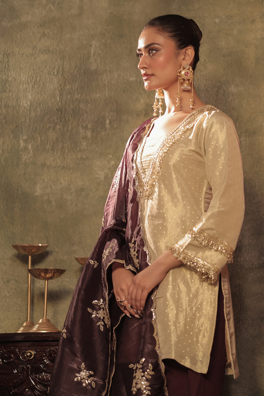 Tissue Kurta with Plum Farshi Set