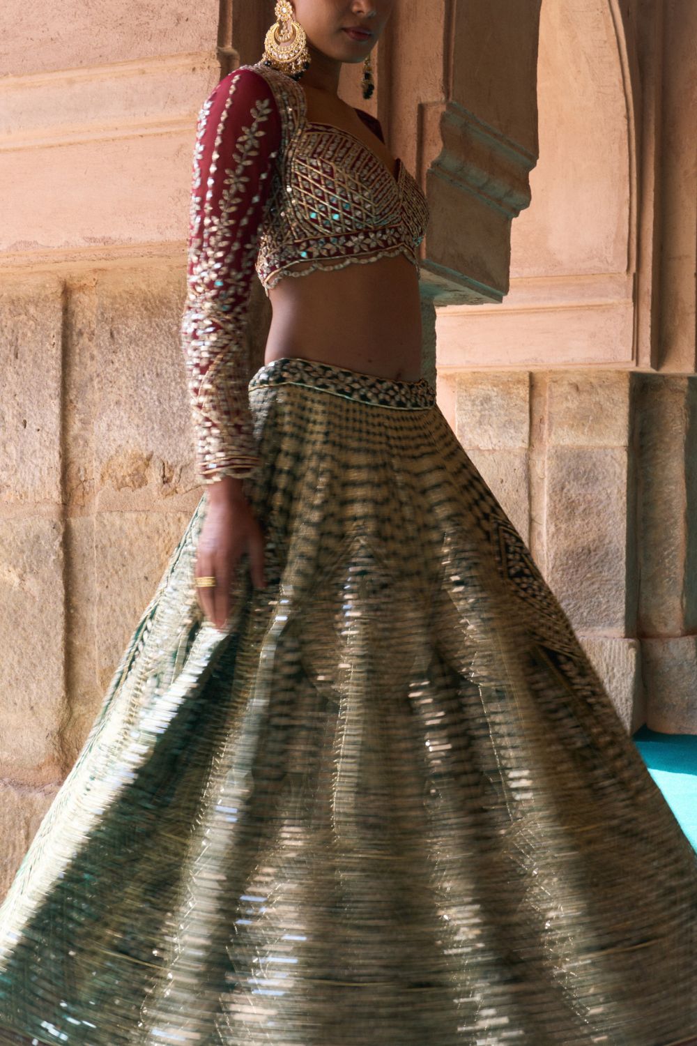 SUKOON — Bottle Green Raw Silk Lehenga Set with Contrast Blouse