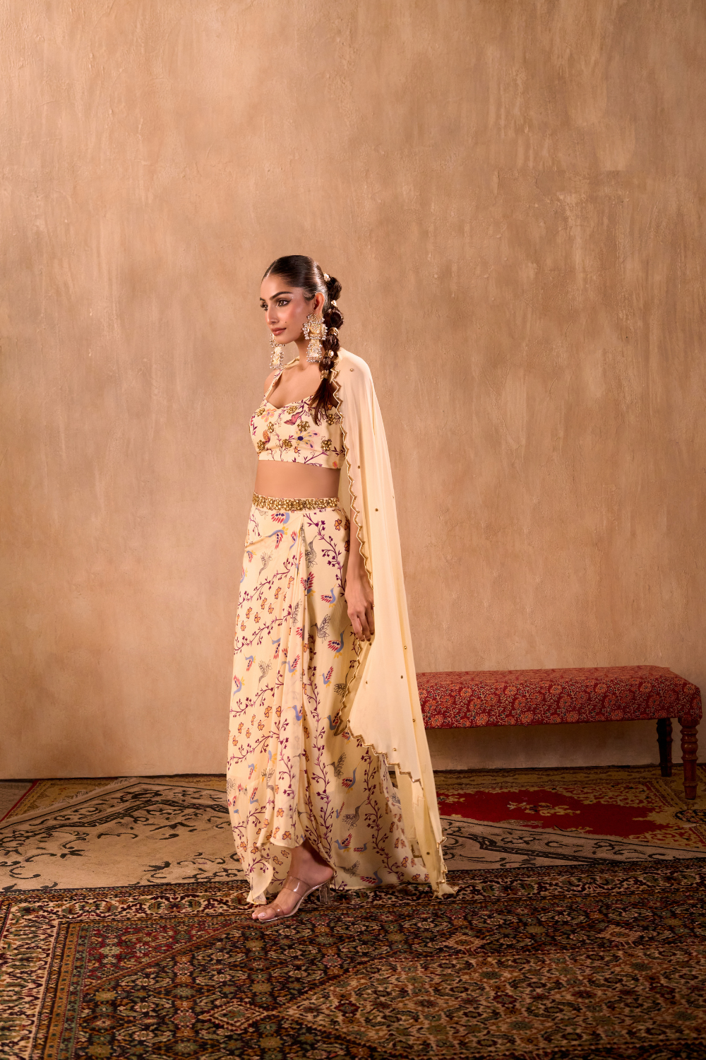 IVORY PRINT EMBROIDERED CHOLI, DRAPED SKIRT AND DUPATTA SET