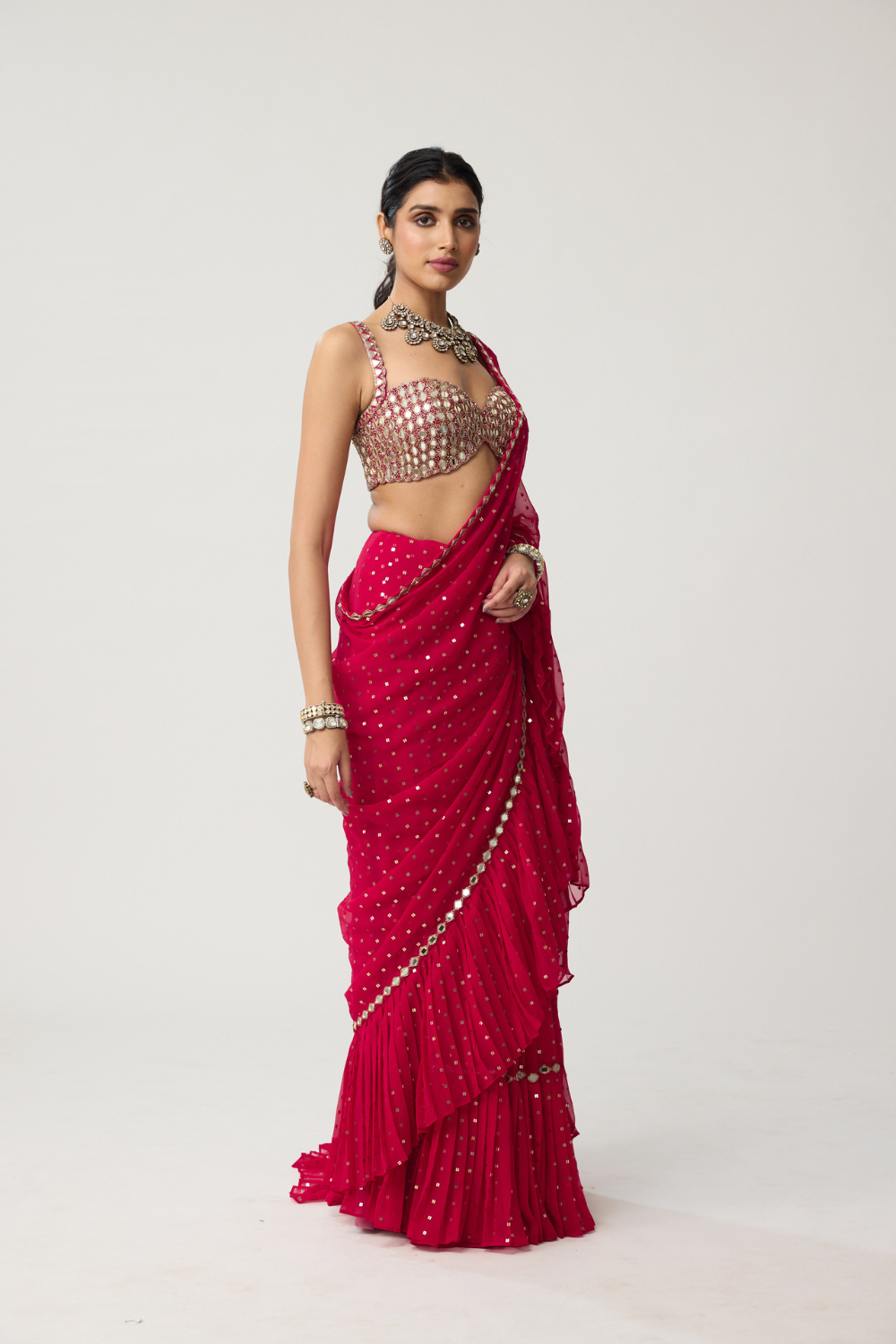 Crimson Red Ruffle Sequins Mirror Saree Set