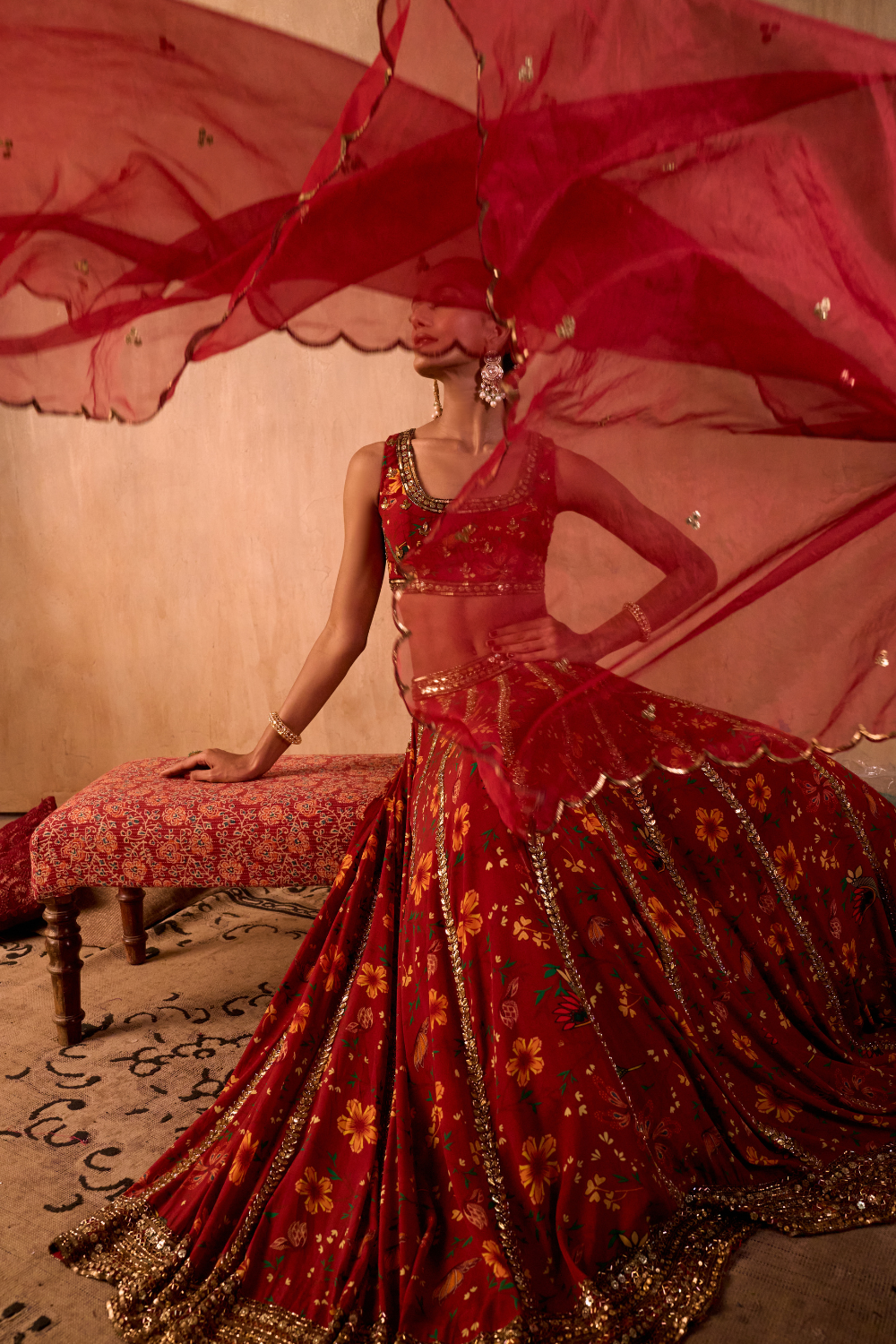 RED PRINT EMBROIDERED CHOLI, LEHENGA AND DUPATTA SET
