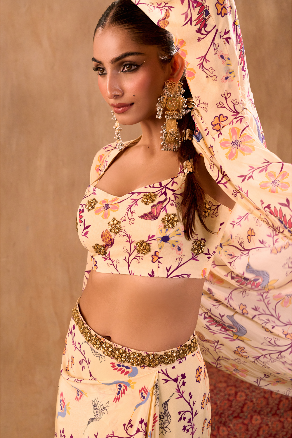 IVORY PRINT EMBROIDERED CHOLI, DRAPED SKIRT AND JACKET SET