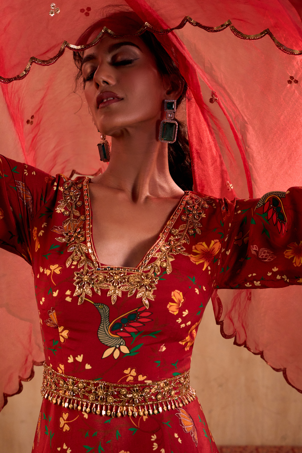RED PRINT EMBROIDERED ANARKALI WITH DUPATTA AND BELT SET