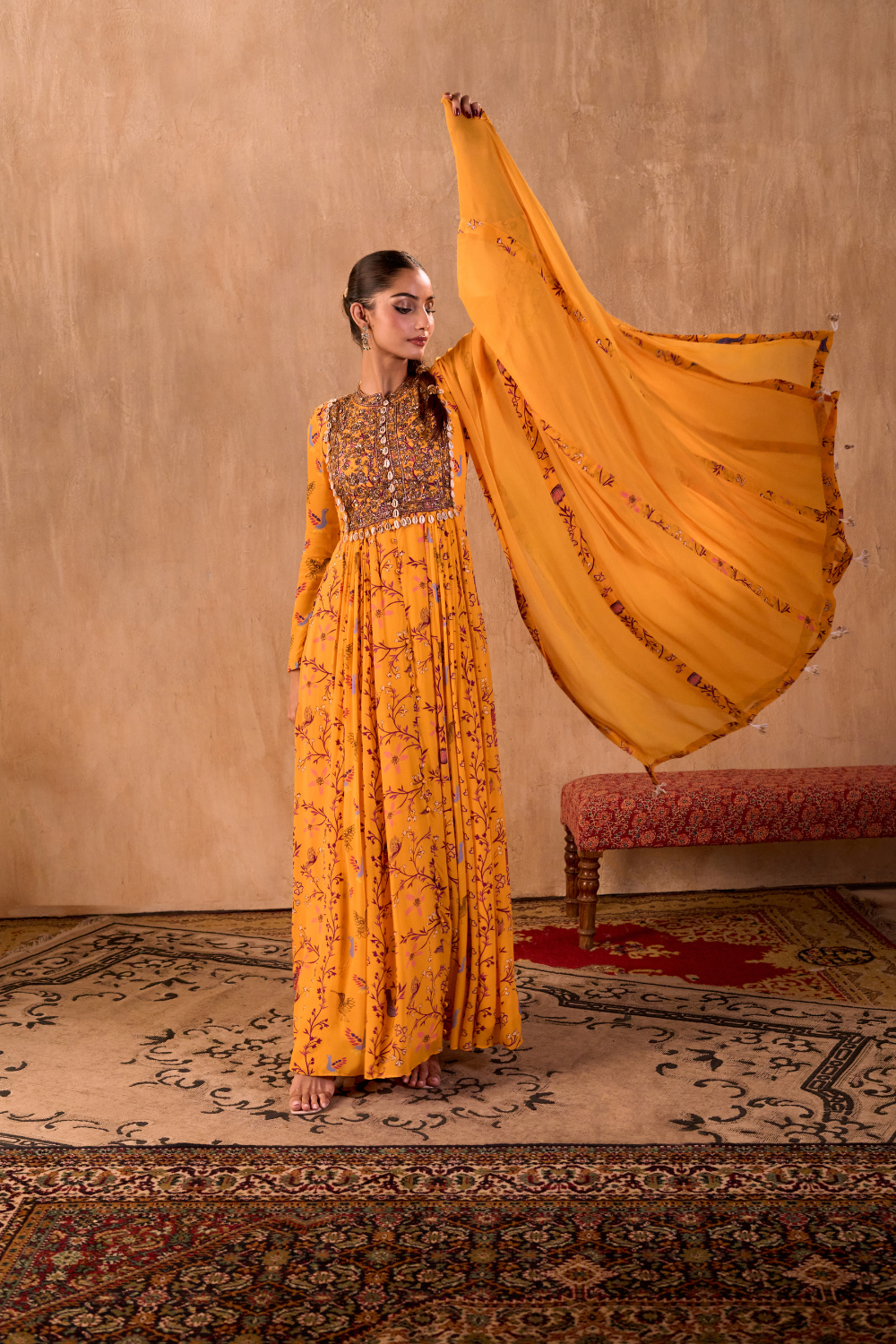 YELLOW PRINT EMBROIDERED ANARKALI AND DUPATTA SET