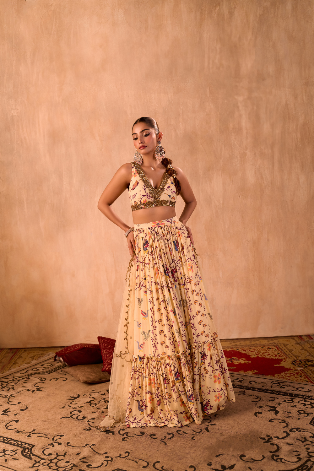 IVORY PRINT EMBROIDERED CHOLI, LAYERED LEHENGA AND DUPATTA SET