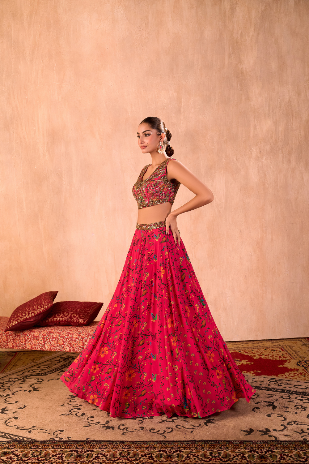 PINK PRINT EMBROIDERED CHOLI, LEHENGA AND DUPATTA SET