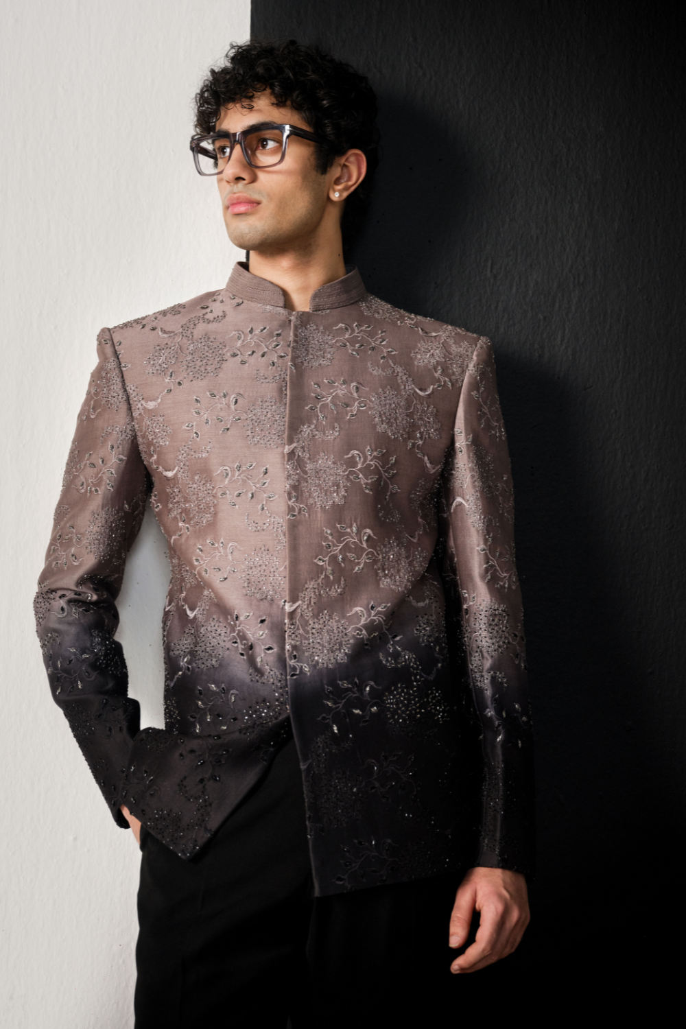 taupe to black threadwork and cutdana bandhgala