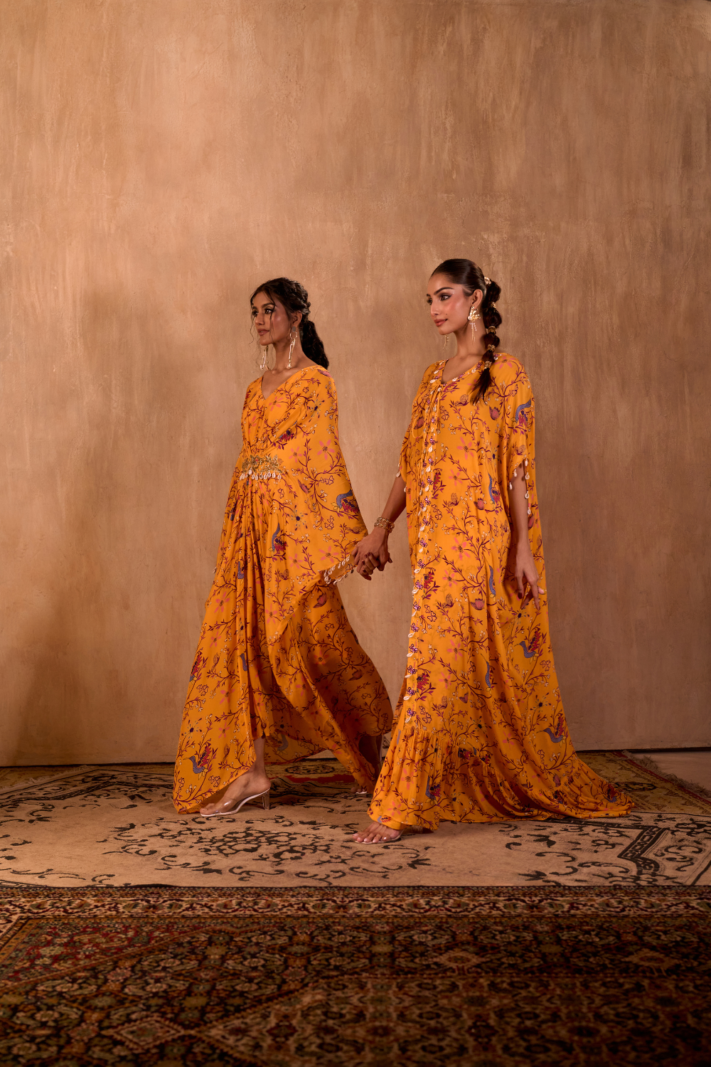 YELLOW PRINT EMBROIDERED LONG KAFTAN WITH PANTS SET