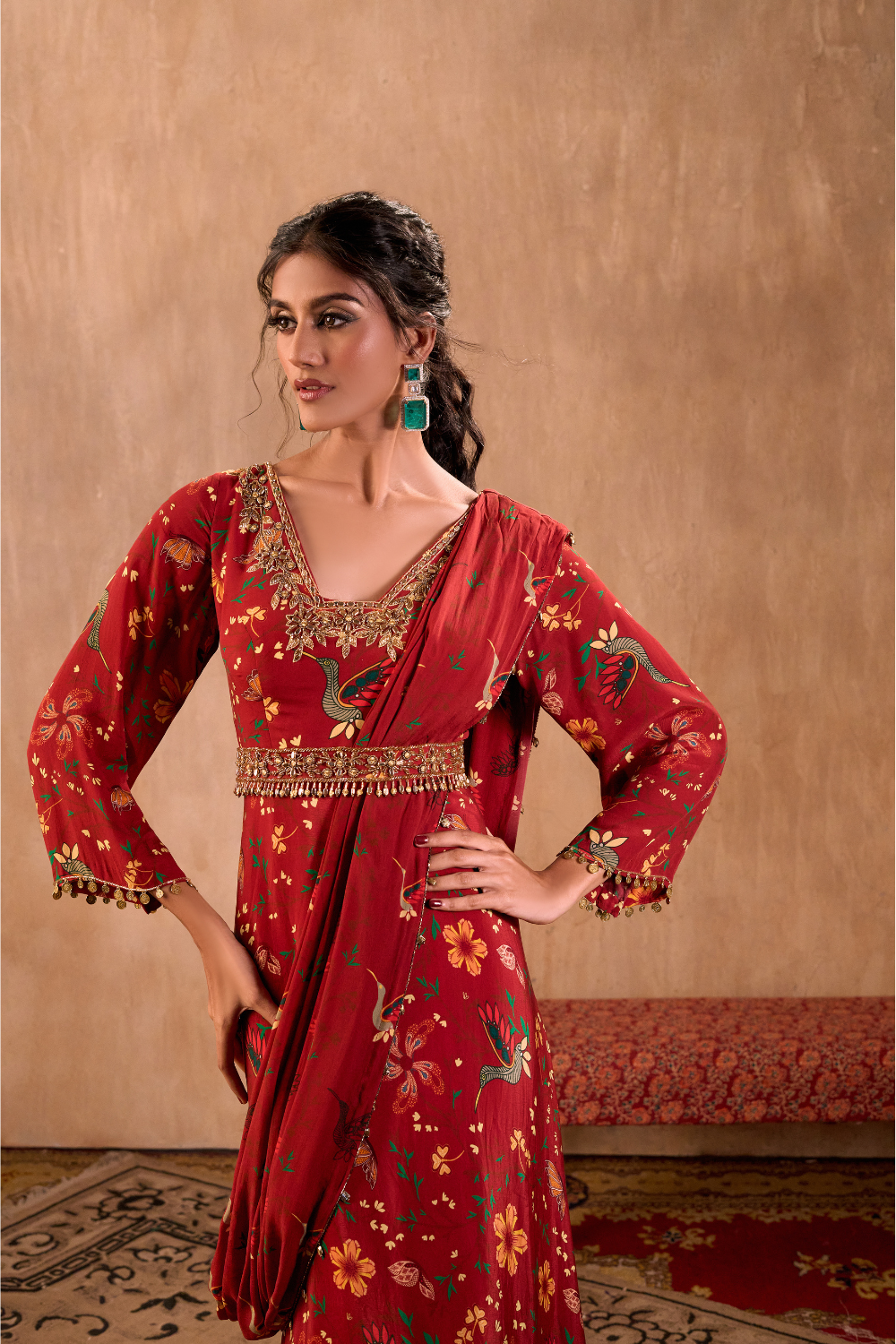 RED PRINT EMBROIDERED ANARKALI WITH DRAPE AND BELT SET