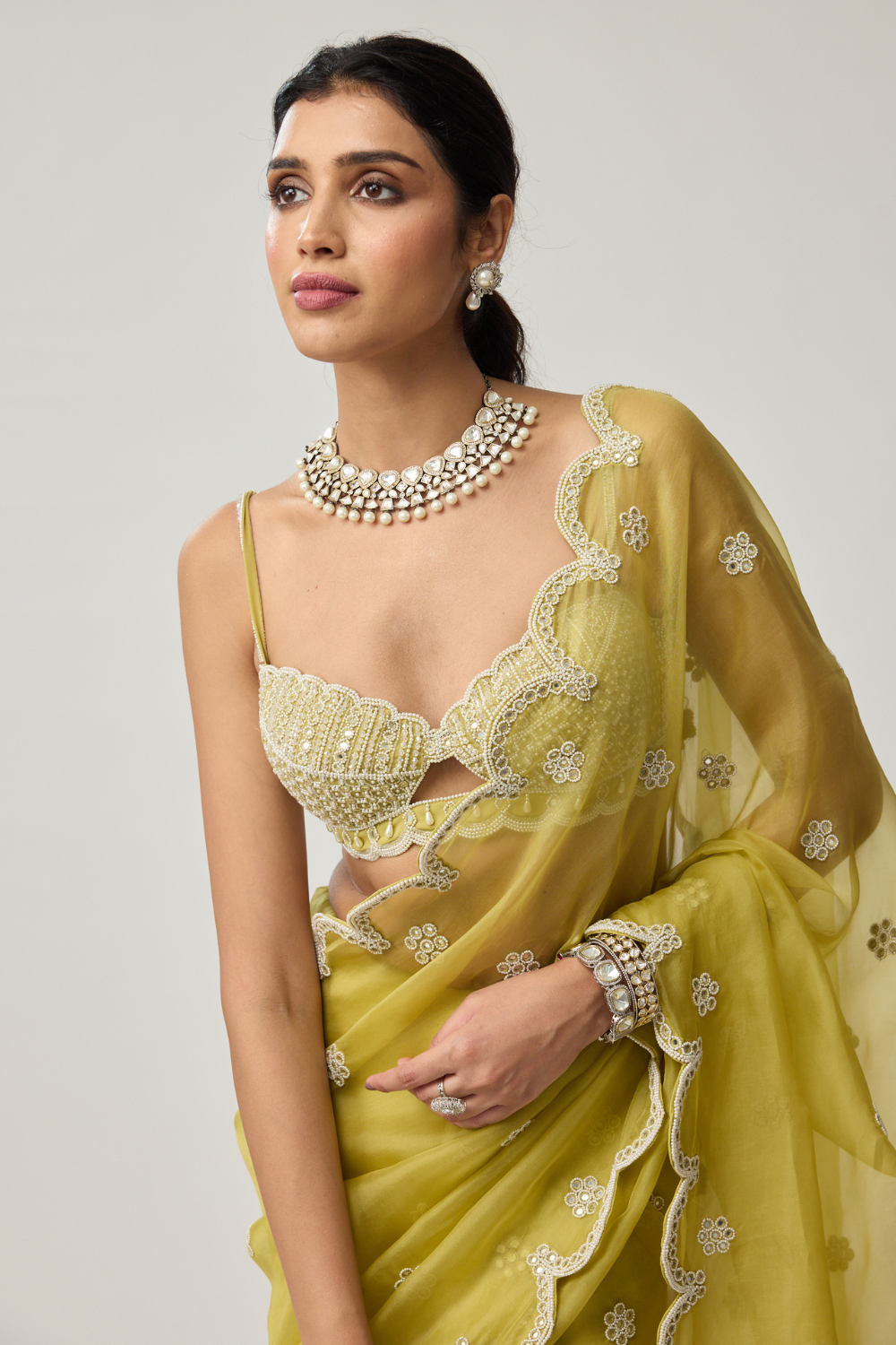 Fern Green Organza Mirror and Pearl saree set