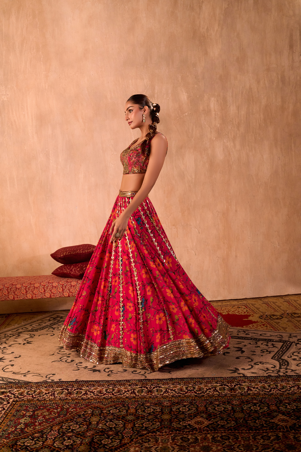 PINK PRINT EMBROIDERED CHOLI, LEHENGA AND DUPATTA SET
