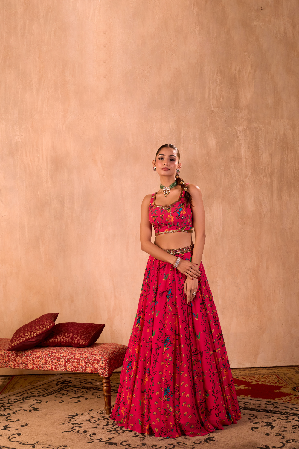 PINK PRINT EMBROIDERED CHOLI, LEHENGA AND DUPATTA SET