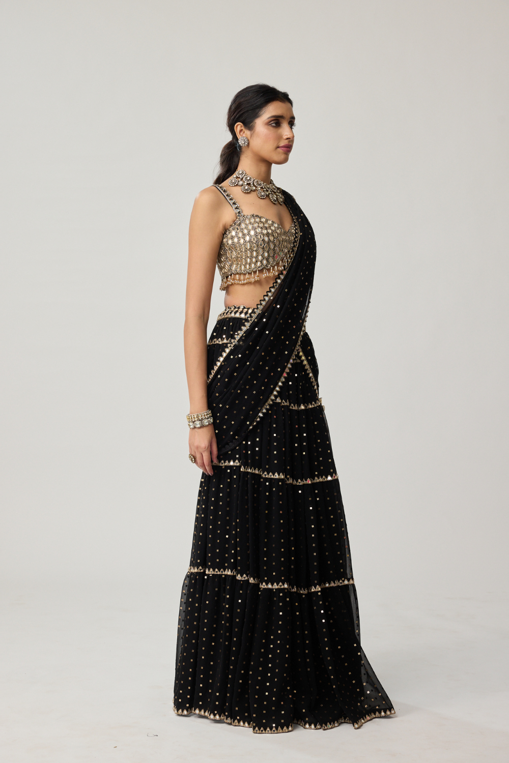 Black Georgette Multi-tier Saree Set