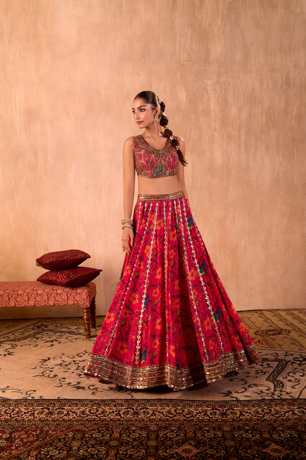 PINK PRINT EMBROIDERED CHOLI, LEHENGA AND DUPATTA SET