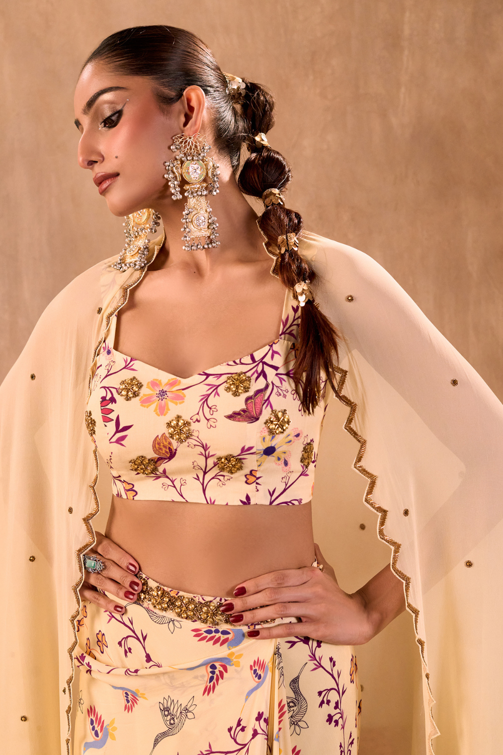 IVORY PRINT EMBROIDERED CHOLI, DRAPED SKIRT AND DUPATTA SET