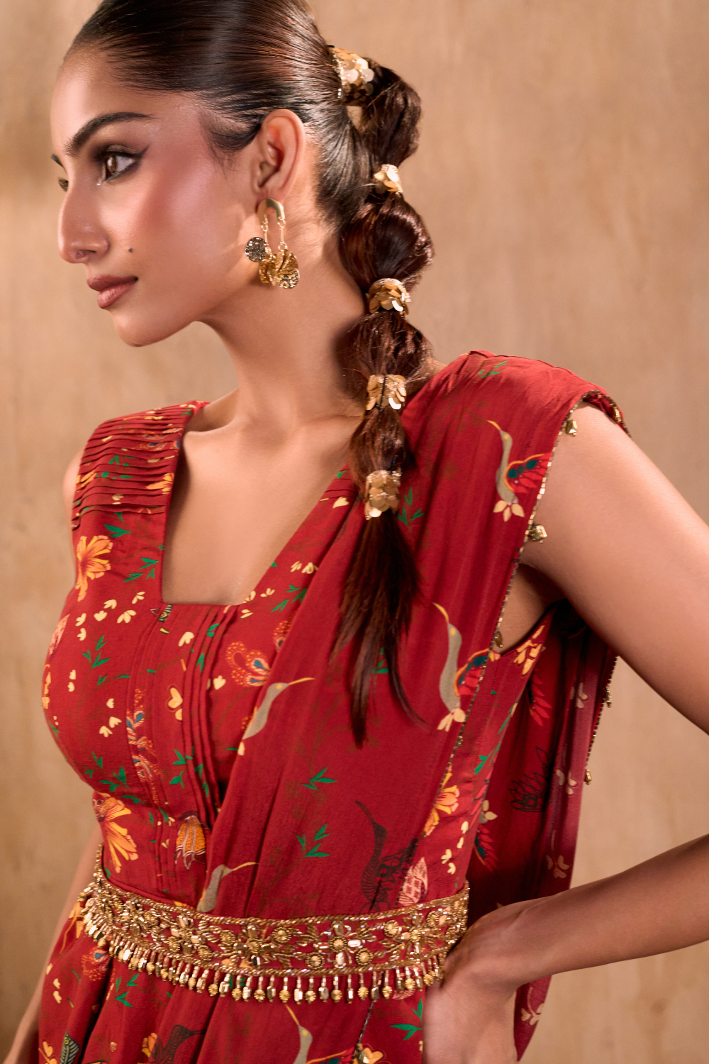 RED PRINT EMBROIDERED PEPLUM TOP, DRAPED PANTS, DRAPE AND BELT SET