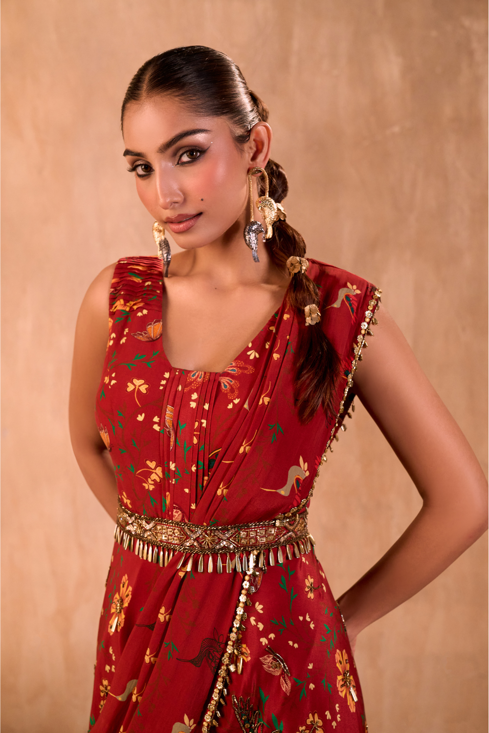RED PRINT EMBROIDERED JUMPSUIT WITH DRAPE AND BELT SET