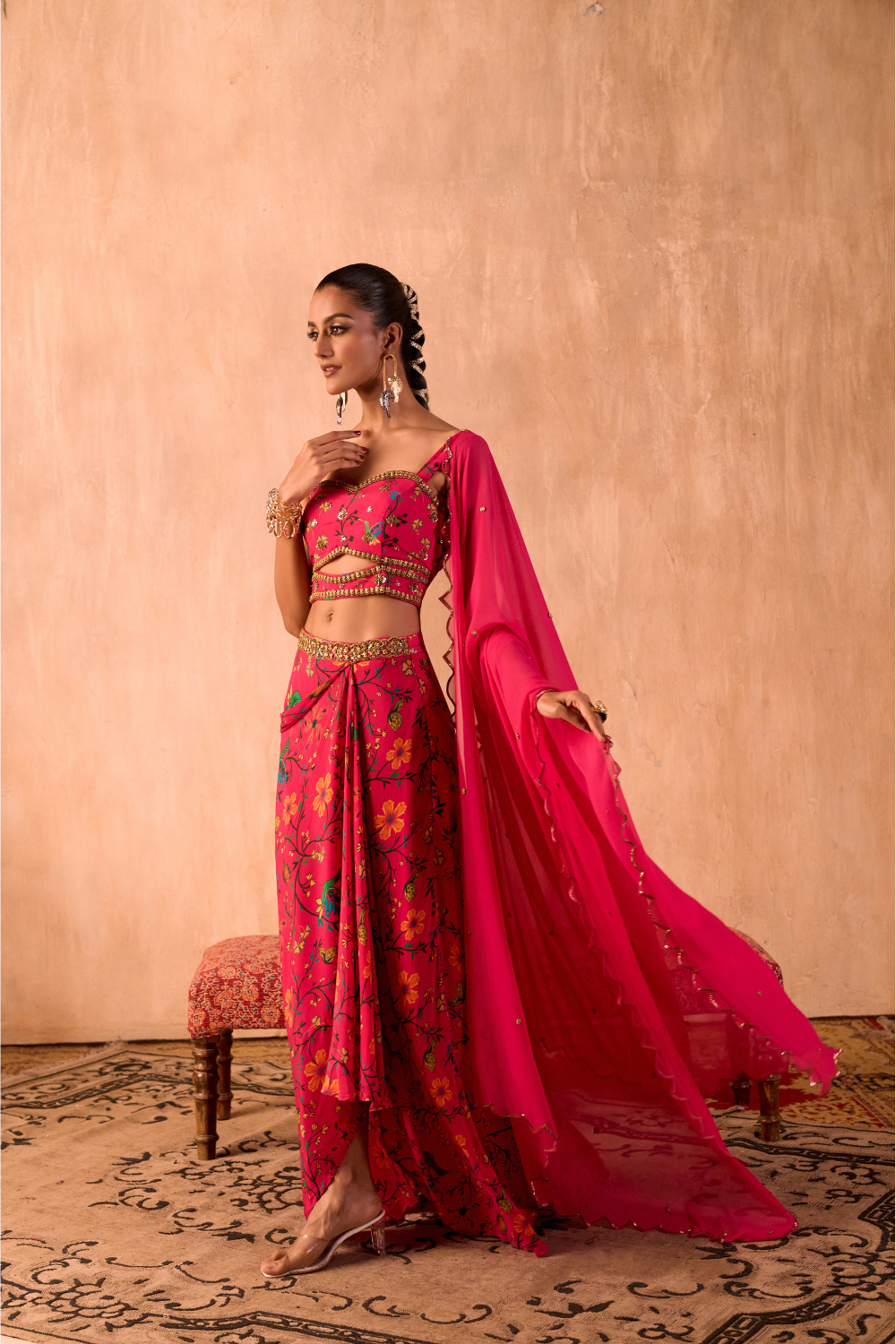 PINK PRINT EMBROIDERED CHOLI, DRAPED SKIRT AND DUPATTA SET
