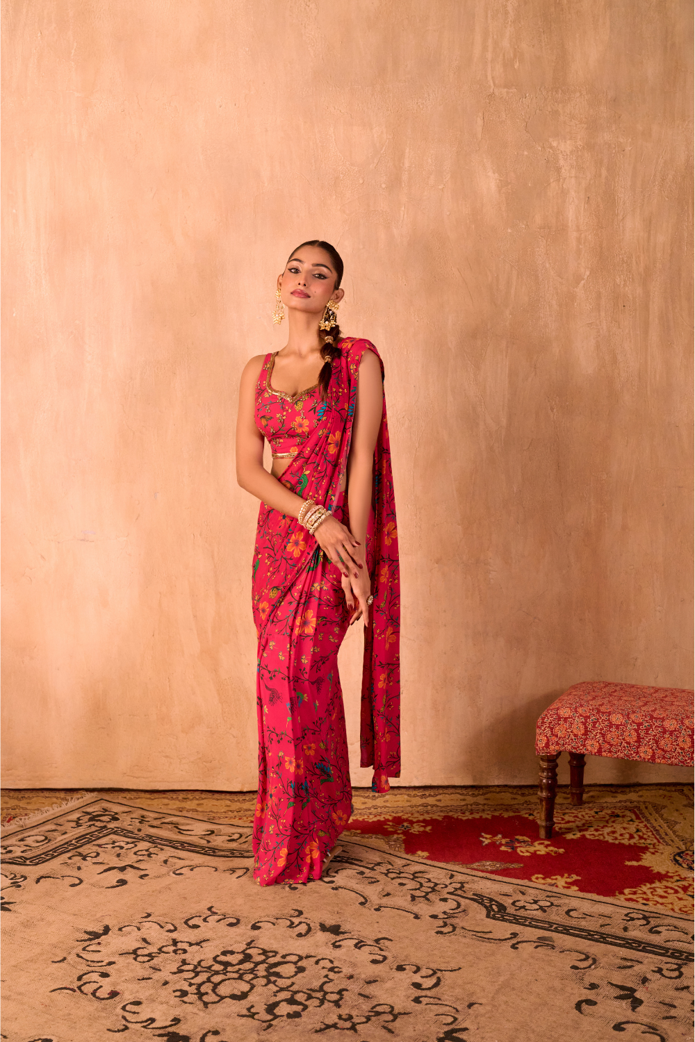 PINK PRINT EMBROIDERED CHOLI WITH PRE-DRAPED SARI SET