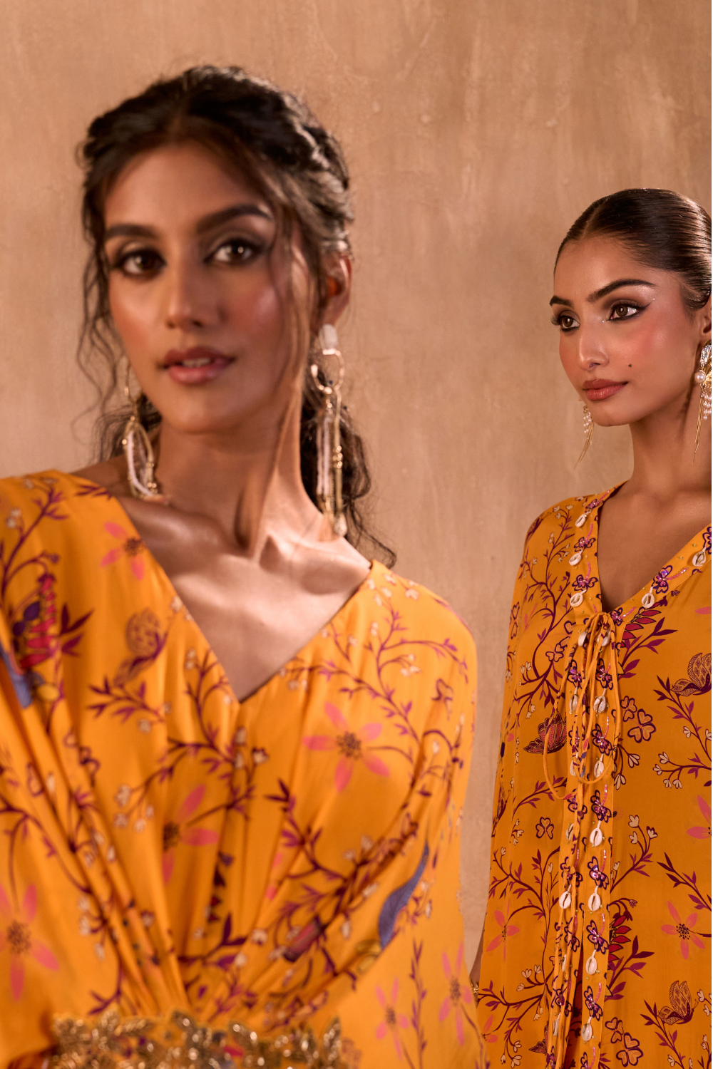 YELLOW PRINT EMBROIDERED LONG KAFTAN WITH PANTS SET