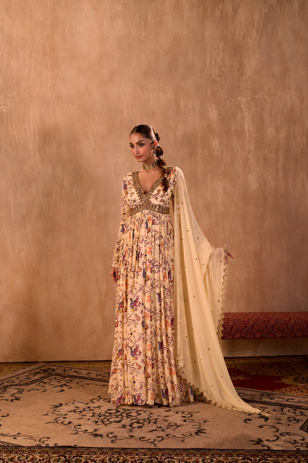 IVORY PRINT EMBROIDERED ANARKALI AND DUPATTA SET